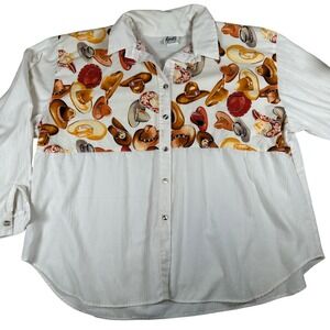 White Cowboy Hat Print Button Up Shirt Western vintage boho southwest coastal